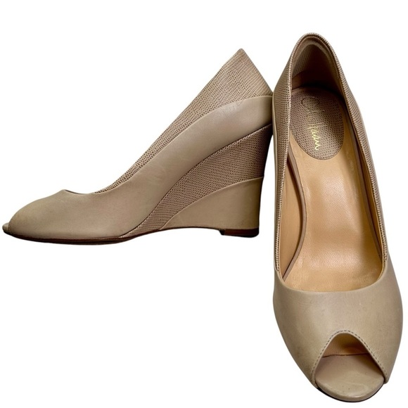 Cole Haan Shoes - Cole Haan Leather Peep Toe Wedge Heels Size 9.5